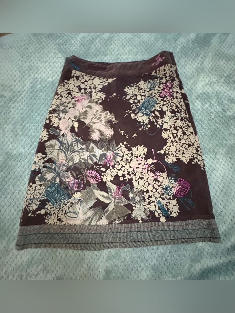 White Stuff Brown Velvet Embroidered Floral Appliqué A-Line Skirt Boho sz 10